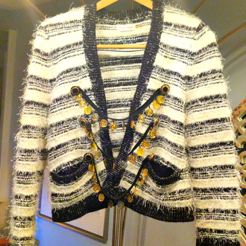 Calvin Klein Tweed Style Cardigan with Coin Chain Closure & Bead Accent Size L